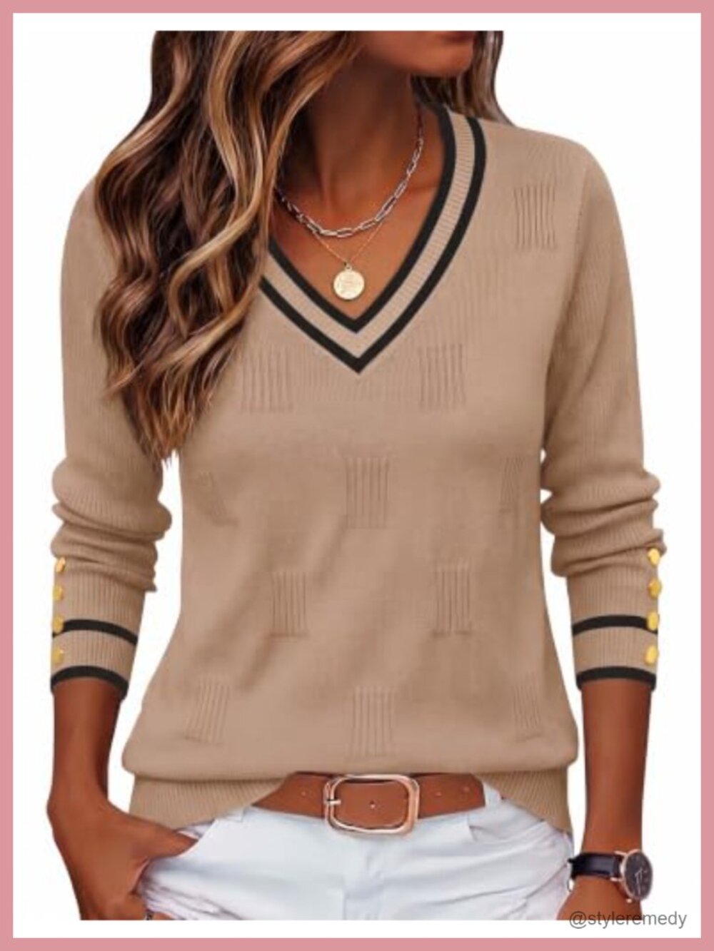 Womens V Neck Pullover Sweater Long Sleeve Ribbed Knit Buttons Lightweight